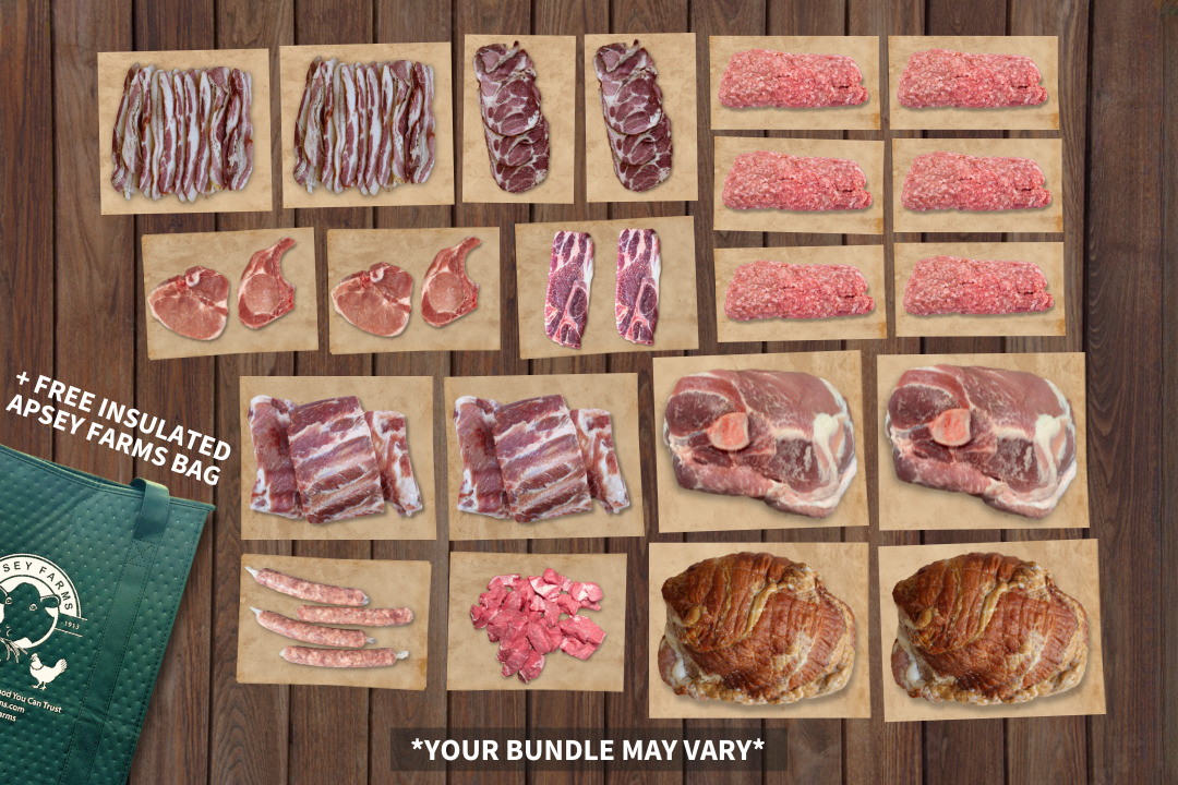Low PUFA Pasture Raised Bulk Pork Bundle Uncooked Regenerative Farm Products Delivered Apsey Farms Midwest USA