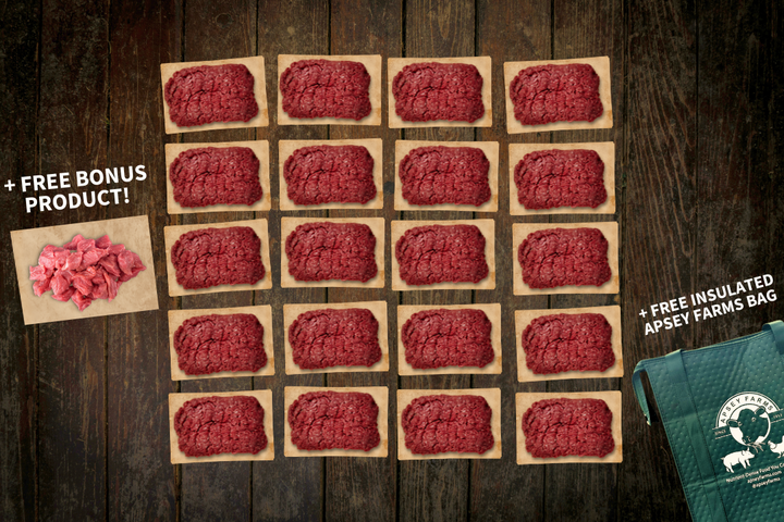 20 lbs of Grass-Fed Ground Beef Apsey Farms Regeneratively Raised