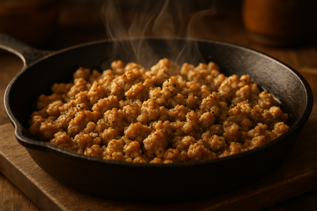 Low PUFA Corn and Soy-Free Ground Chicken Sausage Cooked Regenerative Farm Products Delivered Apsey Farms Midwest USA