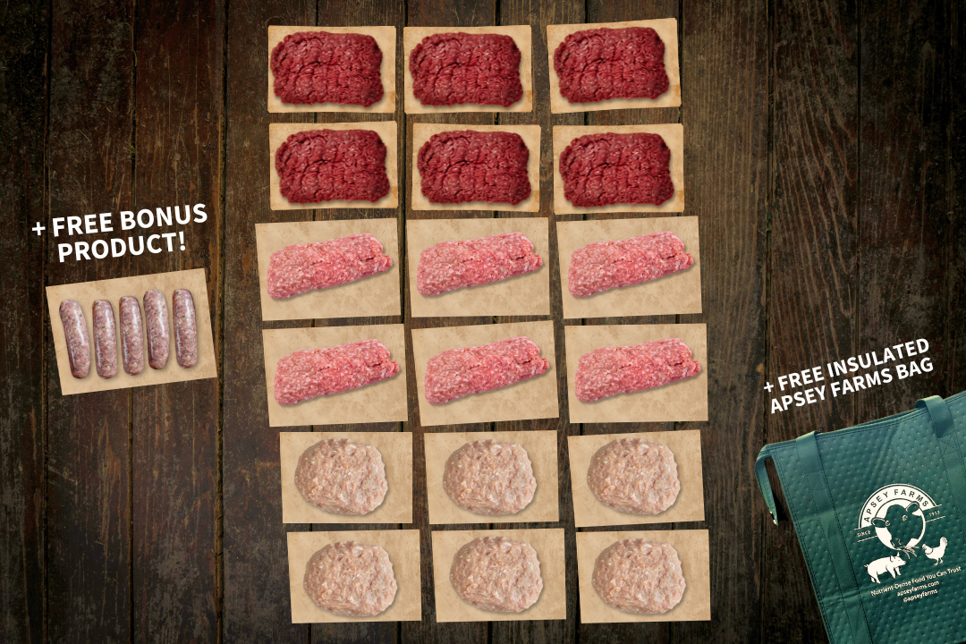 18 lbs of Grass-Fed Ground Beef Low PUFA Ground Pork Ground Chicken Apsey Farms Regeneratively Raised
