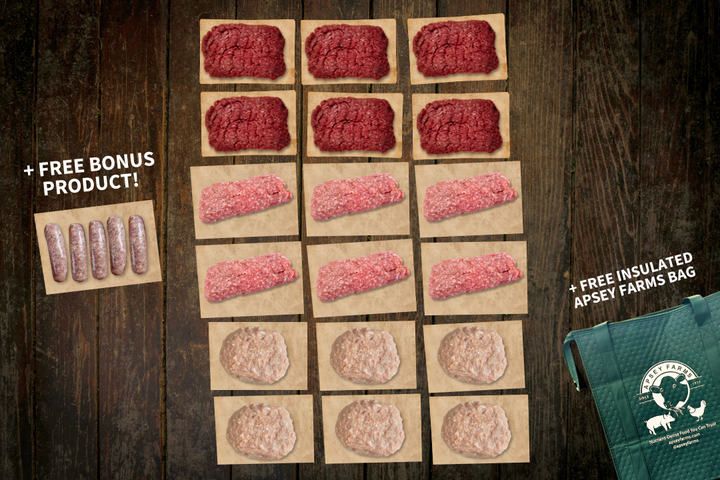 18 lbs of Grass-Fed Ground Beef Low PUFA Ground Pork Ground Chicken Apsey Farms Regeneratively Raised