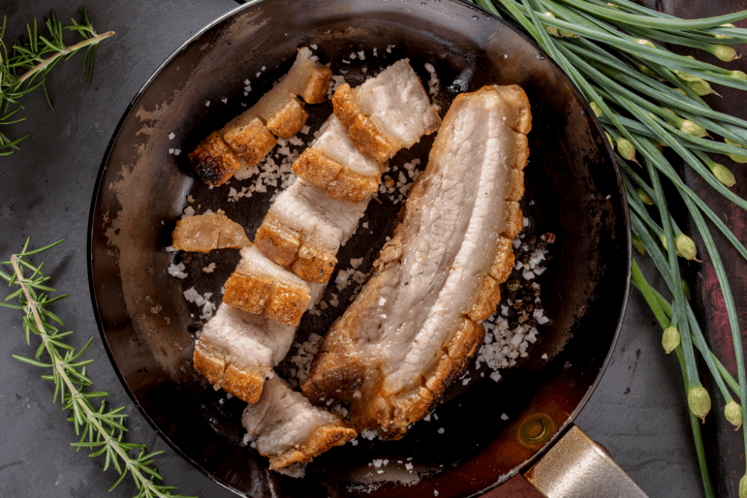 Low PUFA Pasture Raised Pork Belly (Side Pork) Cooked Regenerative Farm Products Delivered Apsey Farms Midwest USA