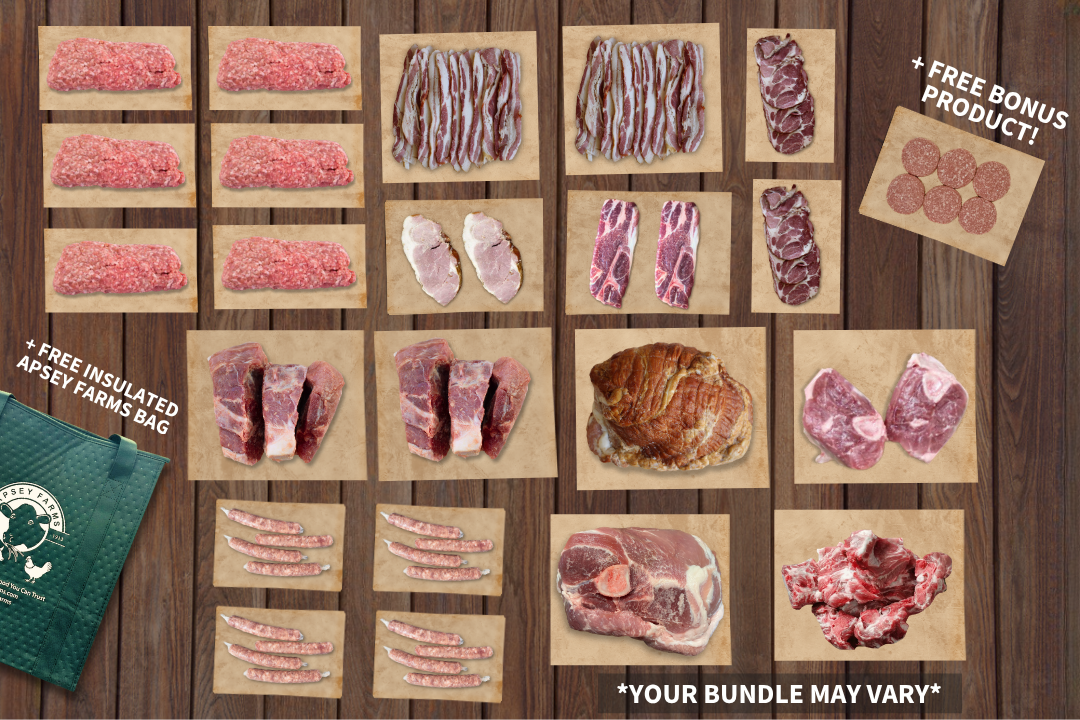 Low PUFA Pasture Raised Bulk Pork Bundle Uncooked Regenerative Farm Products Delivered Apsey Farms Midwest USA