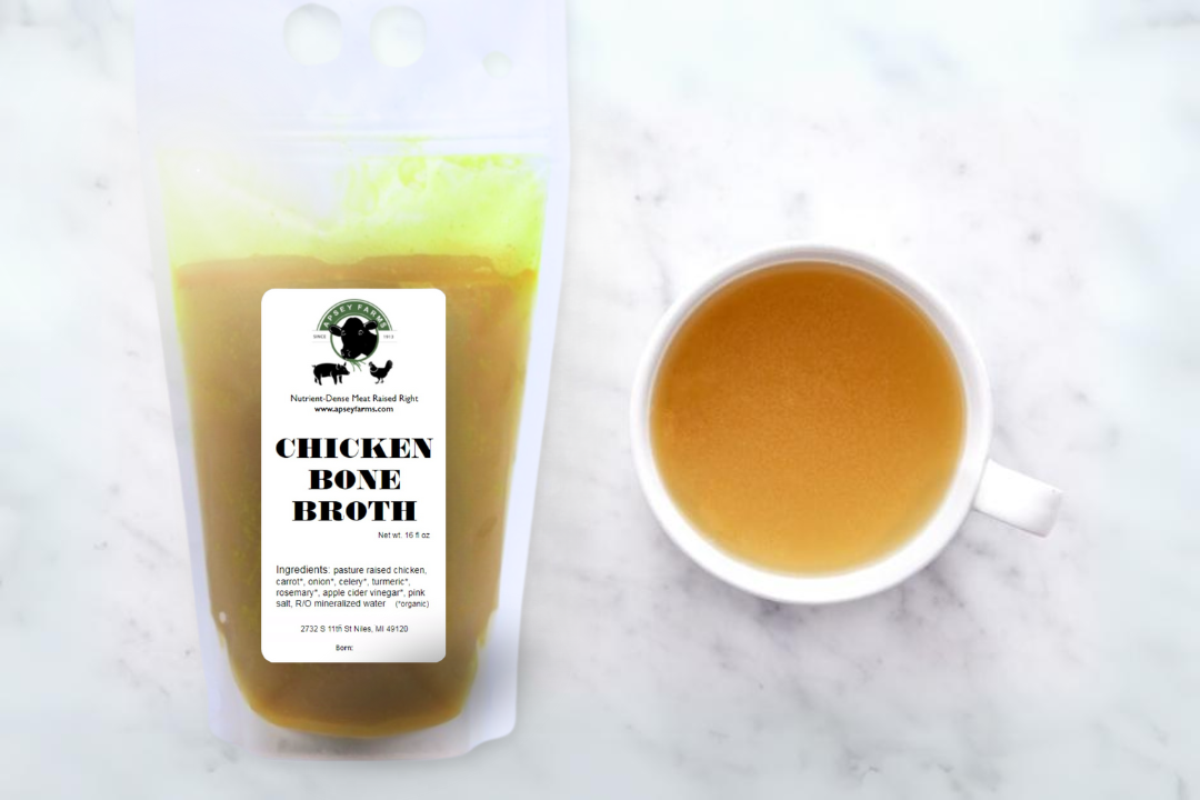 Low PUFA Corn and Soy-Free Chicken Bone Broth Regenerative Farm Products Delivered Apsey Farms Midwest USA