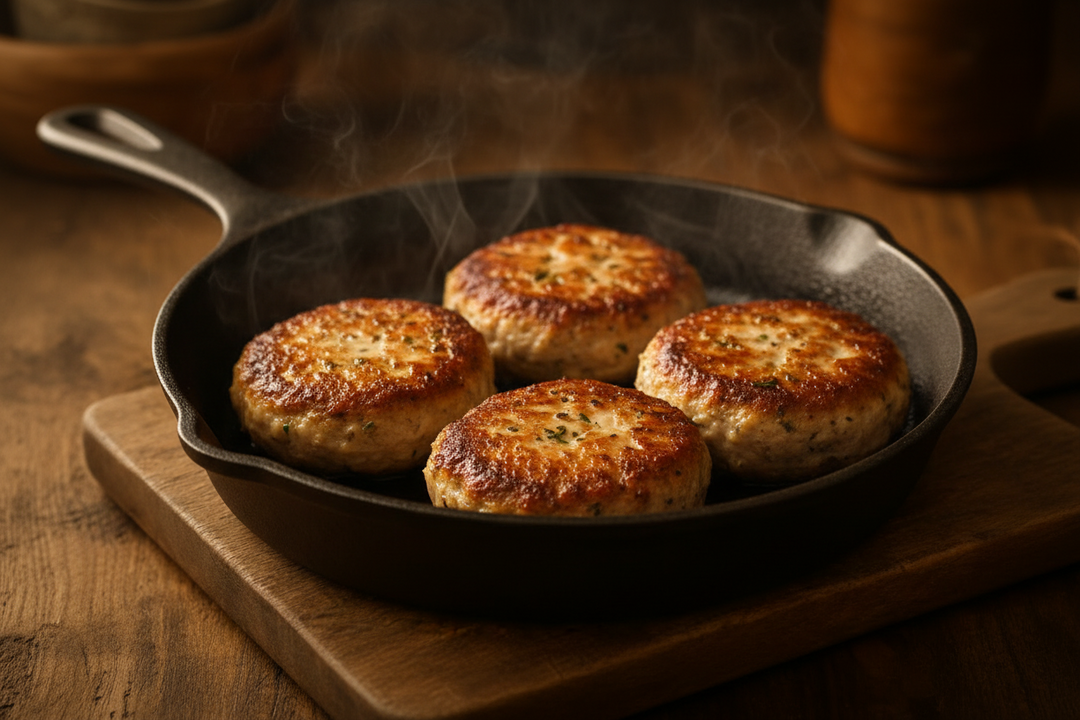 Low PUFA Corn and Soy-Free Ground Chicken Sausage Cooked Regenerative Farm Products Delivered Apsey Farms Midwest USA