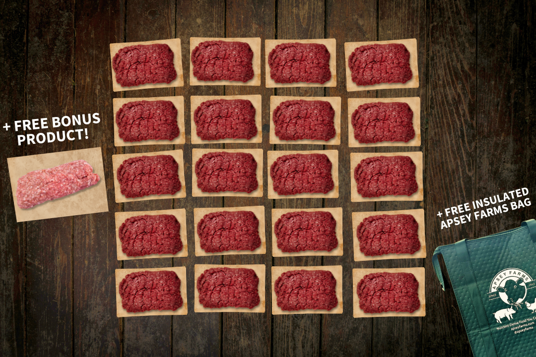 20 lbs of Grass-Fed Ground Beef Apsey Farms Regeneratively Raised