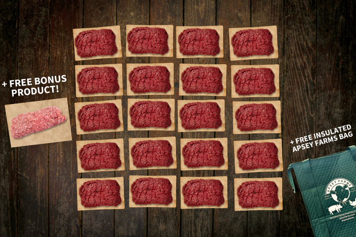 20 lbs of Grass-Fed Ground Beef Apsey Farms Regeneratively Raised