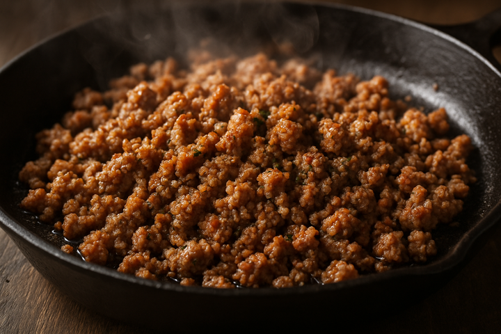 Low PUFA Pasture Raised Ground Pork Cooked Regenerative Farm Products Delivered Apsey Farms Midwest USA