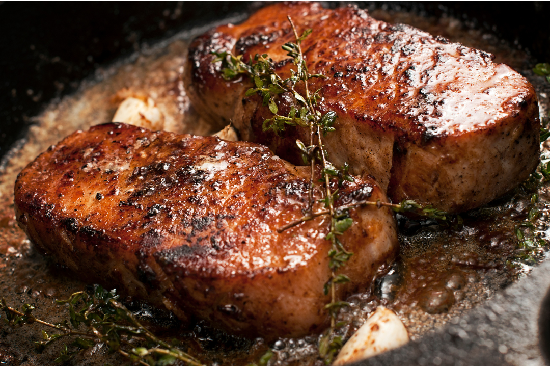 Low PUFA Pasture Raised Pork Boneless Chops Cooked Regenerative Farm Products Delivered Apsey Farms Midwest USA