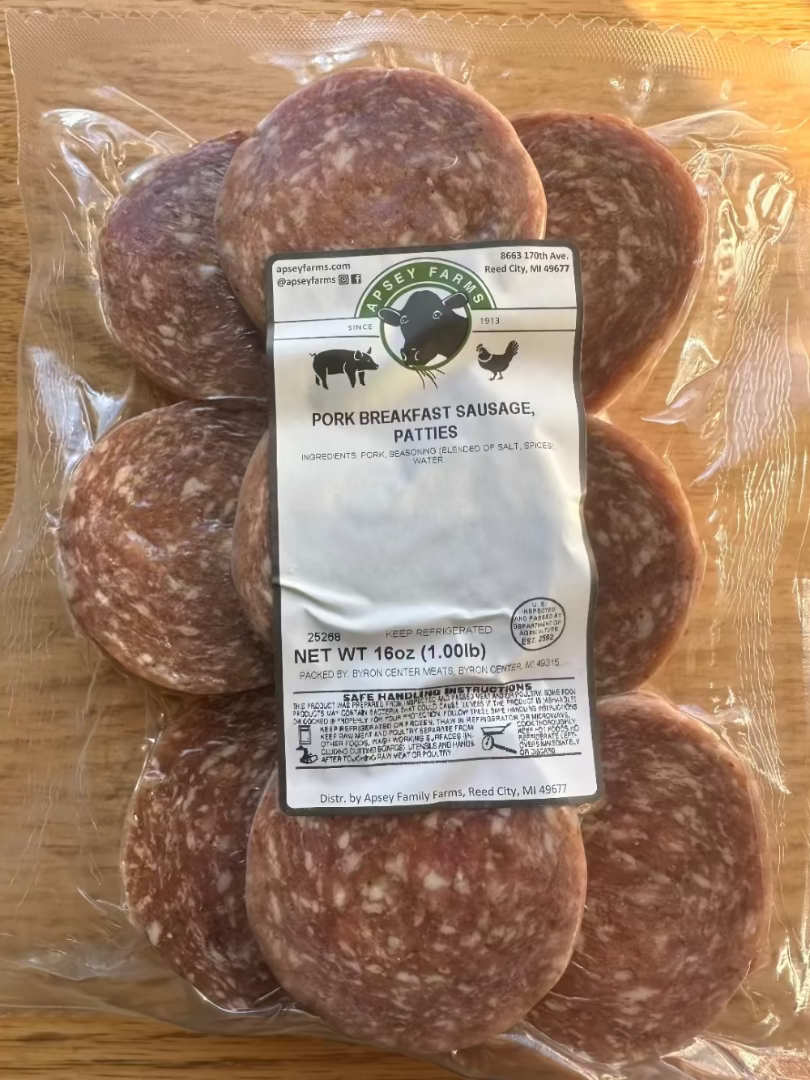 Low PUFA Pasture Raised Pork (Sugar-Free) Breakfast Sausage Patties Uncooked  Package Regenerative Farm Products Delivered Apsey Farms Midwest USA