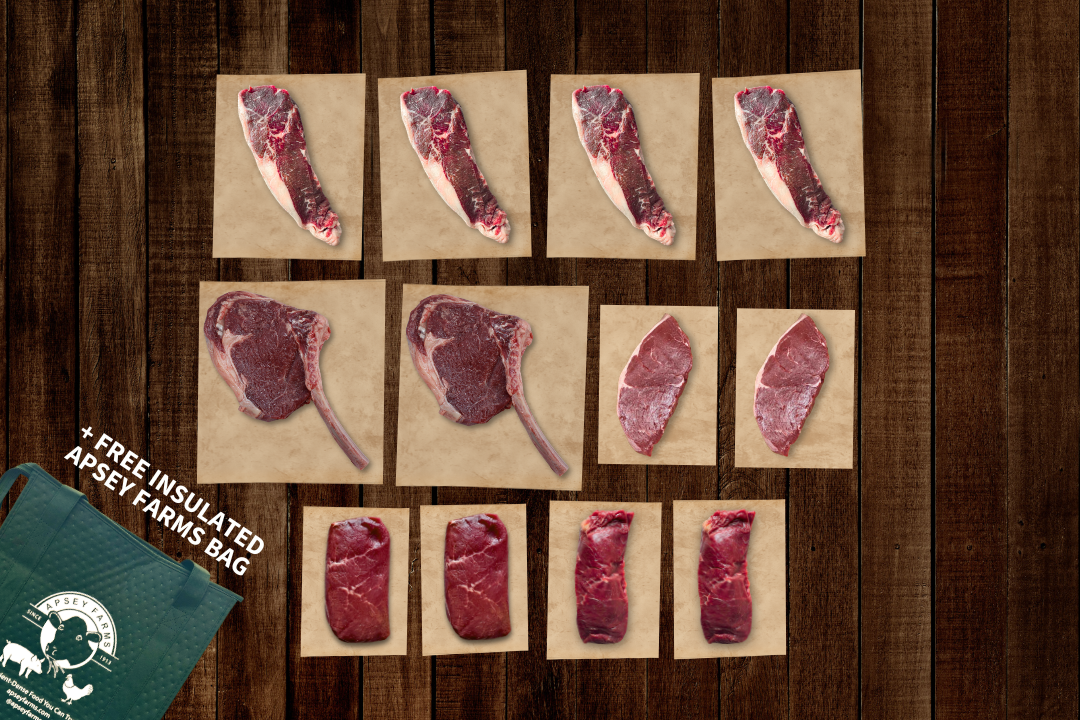 100% Grass-Fed Beef Signature Steak Bundle Uncooked Regenerative Farm Products Delivered Apsey Farms Midwest USA
