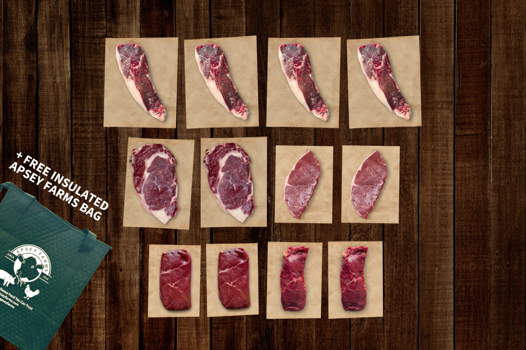 100% Grass-Fed Beef Signature Steak Bundle Uncooked Regenerative Farm Products Delivered Apsey Farms Midwest USA
