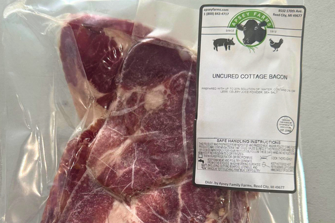 Low PUFA Pasture Raised Pork Cottage Bacon (Sliced) Package Regenerative Farm Products Delivered Apsey Farms Midwest USA