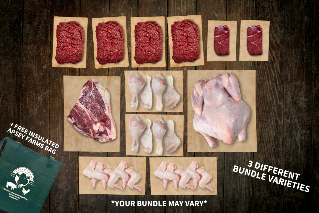 100% Grass-Fed Beef and Low PUFA Chicken Variety Bundle Uncooked Regenerative Farm Products Delivered Apsey Farms Midwest USA