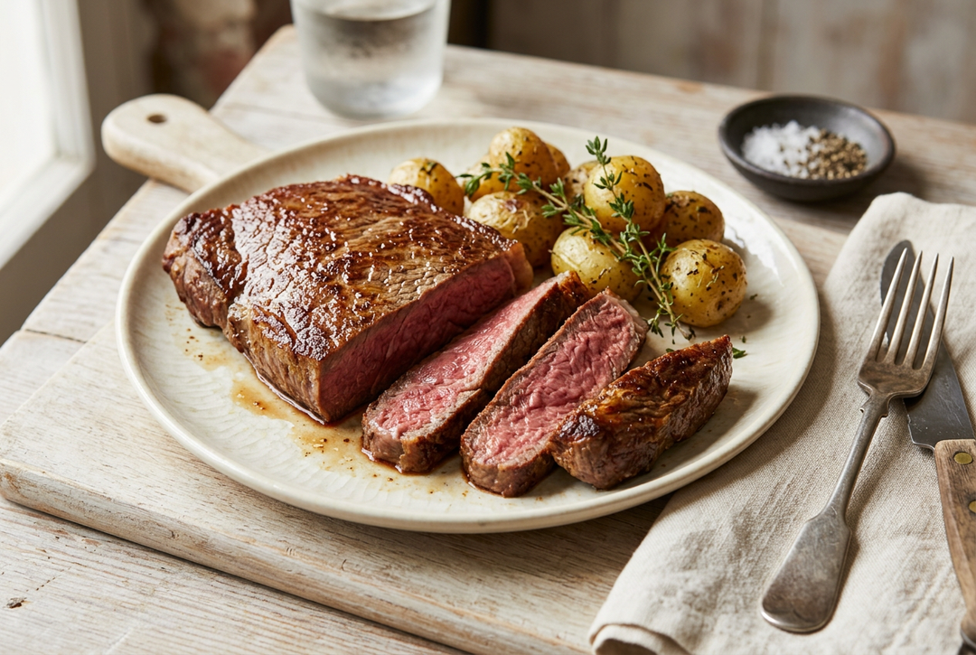 A plated grass-fed Denver steak dish with three slices of cooked beef, roasted baby potatoes, and thyme on a light ceramic plate, set on a rustic wooden table with a fork, knife, and small dish of salt.