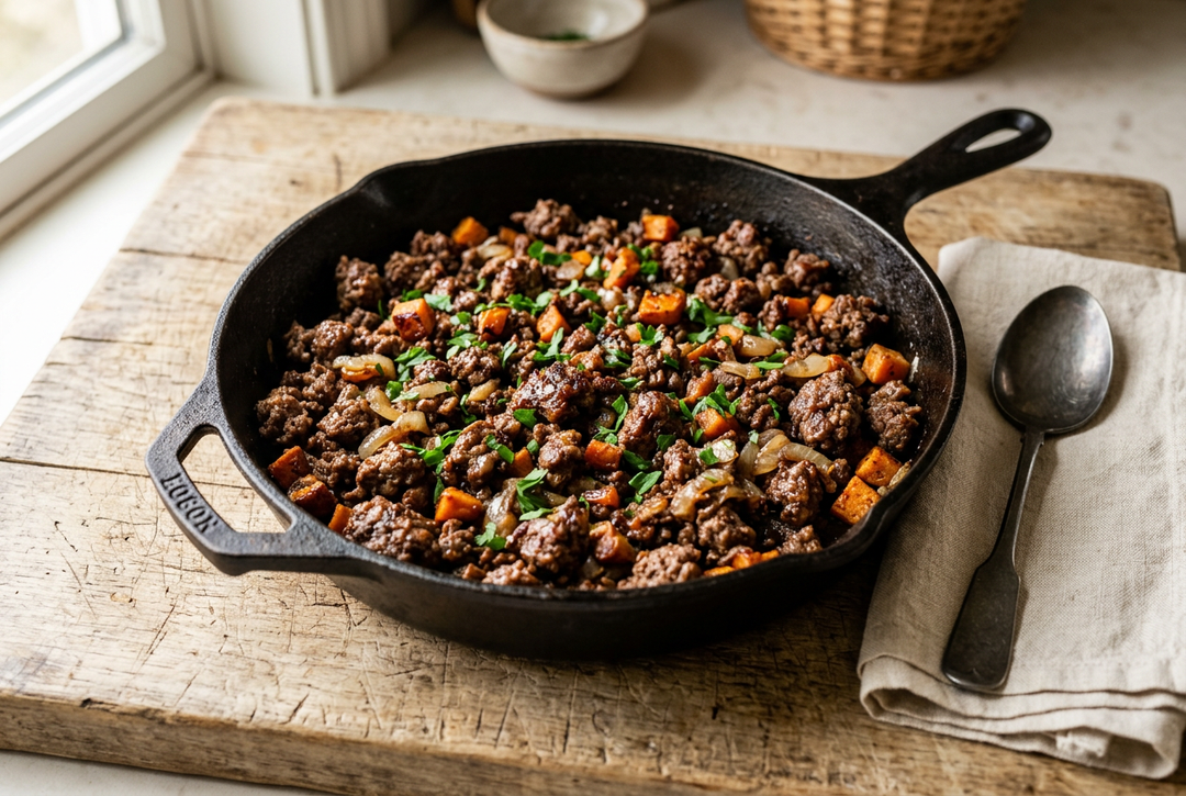 A cast-iron skillet filled with cooked ground beef organ meat, diced orange vegetables, and chopped green herbs, set on a rustic wooden board with a spoon and napkin nearby.