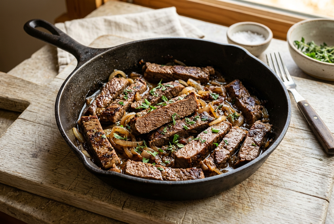 A cast iron skillet filled with sliced grilled beef heart steak and caramelized onions, garnished with chopped chives, set on a rustic wooden board with a fork and small bowls nearby.