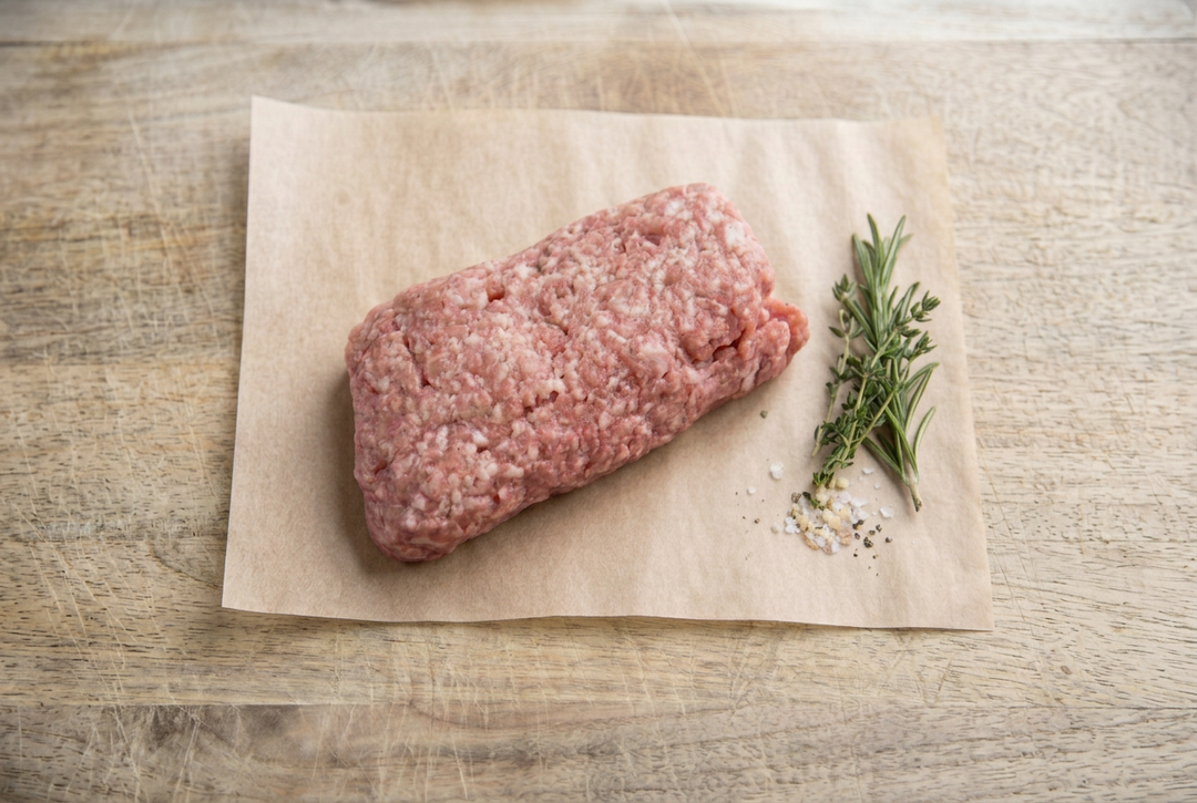 Mild Italian ground pork sausage on parchment on a wooden cutting board with herbs on the right, Apsey Farms.