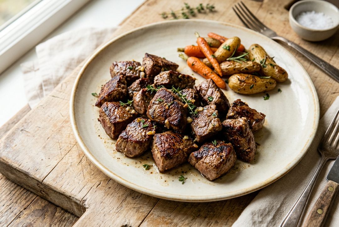 A plate of cooked grass-fed beef tenderloin filet tips with roasted baby potatoes and carrots, garnished with herbs, set on a rustic wooden board with cutlery and a small dish of salt.