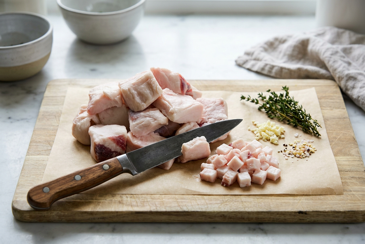 Beef fat trimmings cut into small cubes beside larger pieces and a chef&