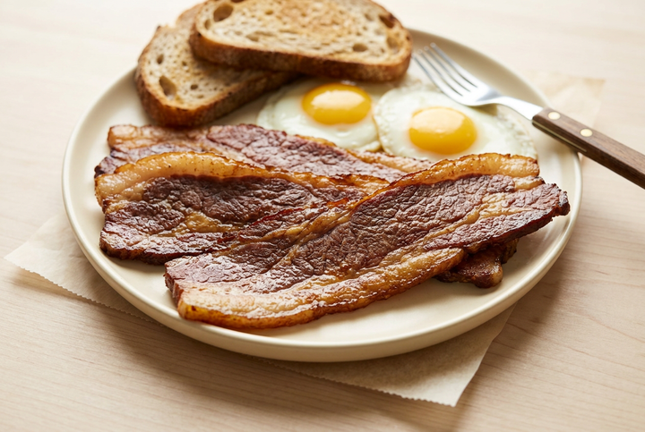 Cooked beef bacon served with eggs and toast as a breakfast serving suggestion.