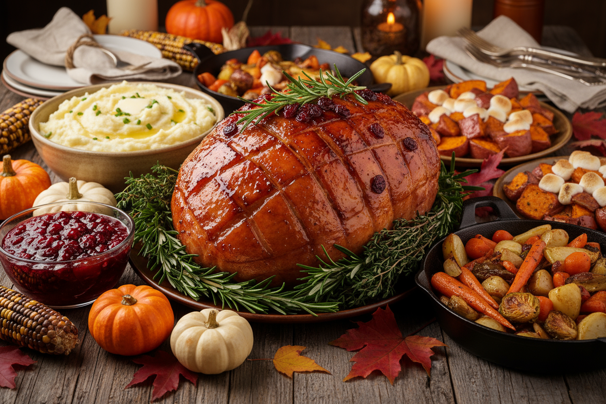 Thanksgiving feast featuring Pork Ham Roast